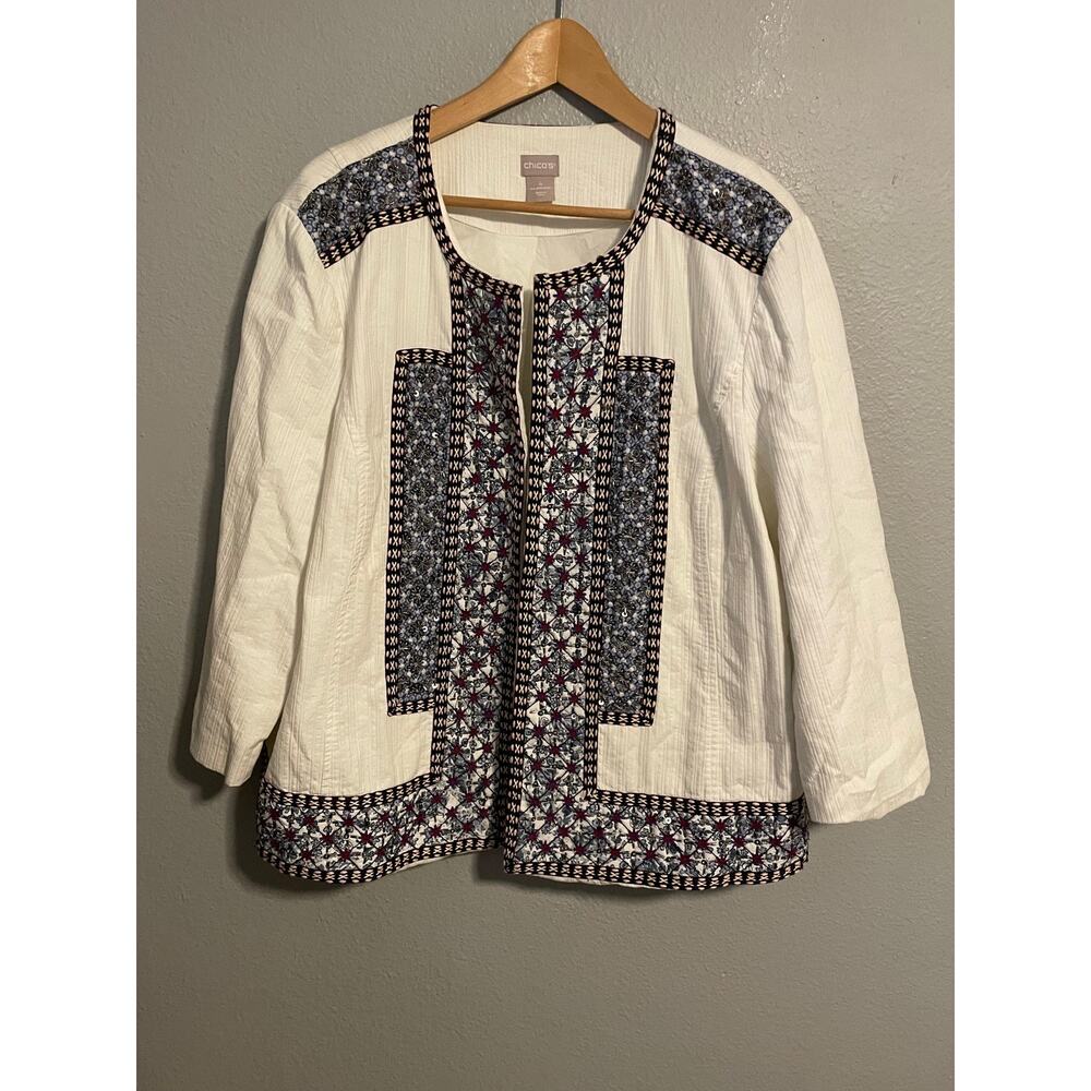 Chicos Jacket Womens Size 4 US 20/22 White Embroidered Studded Open Front Boho